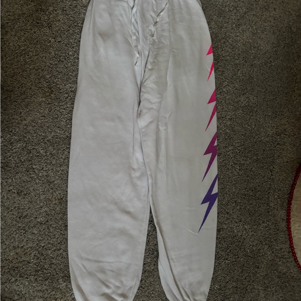 Women’s Aviator Nation White Joggers with Pink and Purple Lightning Design